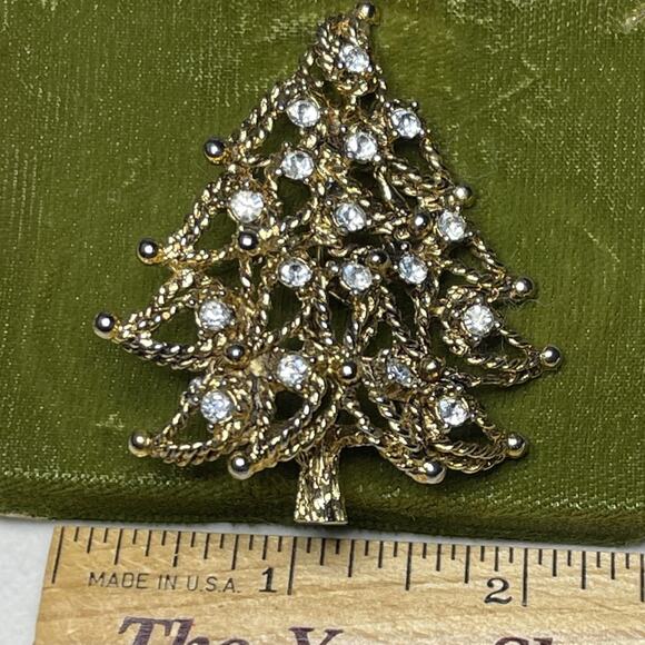 Vintage Christmas Tree Brooch Pin Jeanne Signed Gold Rope Rhinestone MCM 50s - Picture 7 of 8